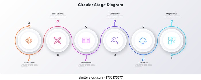 Process chart with six paper white circular elements placed in horizontal row and curved line. Concept of 6 stages of marketing strategy. Simple infographic design template. Vector illustration.