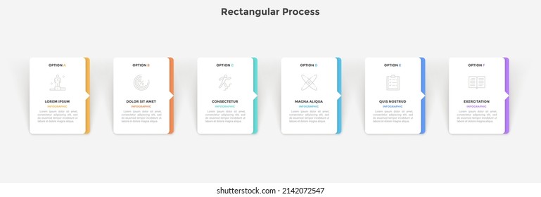 Process chart with six paper white rectangular elements with arrows arranged in horizontal row. Concept of 6 steps to career success. Simple infographic design template. Flat vector illustration.