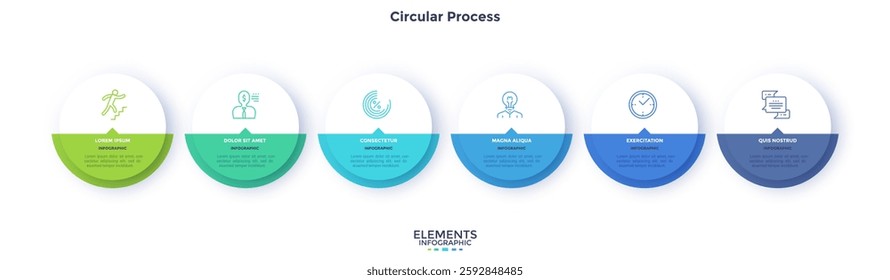 Process chart with six paper white circles placed in horizontal row. Concept of 6 stages of startup development. Modern infographic design template. Flat vector illustration for report.