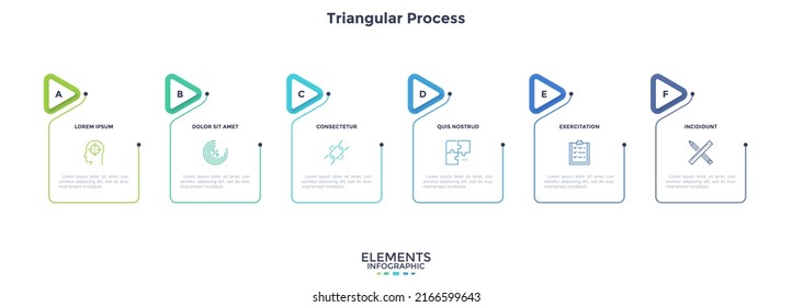 Process chart with six rectangular elements and pointers placed in horizontal row. Concept of 6 stages of project development. Minimal infographic design template. Modern flat vector illustration.