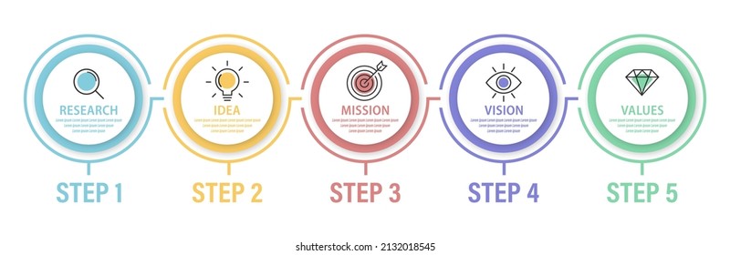 Process chart template with 5 options and steps. Business timeline Infographic element round shape. Mockup for diagram, graph, presentation. Vector illustration. 