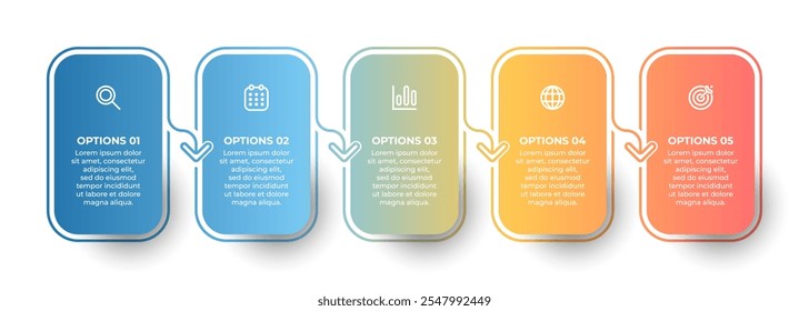 Process chart template with marketing icons. Timeline processes with 5 steps or options. Vector illustration.