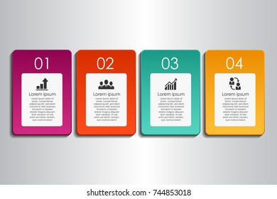 Process chart template with rectangles, flowchart or workflow with four elements, steps or options, business infographics. Vector illustration