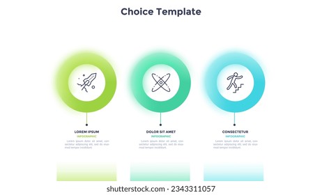 Process chart with three colorful blured rings placed in horizontal row. Concept of 3 stages of startup development. Modern infographic design template. Realistic vector illustration for report.