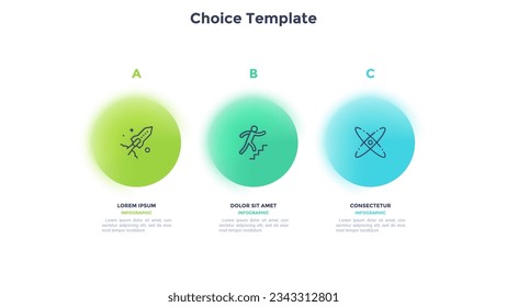 Process chart with three colorful blured circles placed in horizontal row. Concept of 3 stages of startup development. Modern infographic design template. Realistic vector illustration for report.