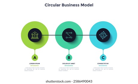 Process chart with three connected blak circles placed in horizontal row. Concept of 3 stages of startup development. Modern infographic design template. Flat vector illustration for report.