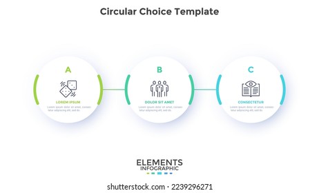 Process chart with three connected paper white circles placed in horizontal row. Concept of 3 stages of startup development. Modern infographic design template. Flat vector illustration for report.