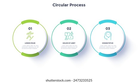 Gráfico de proceso con tres círculos blancos de papel conectados colocados en fila Horizontal. Concepto de 3 etapas de desarrollo inicial. Plantilla de diseño de infografía moderna. Ilustración vectorial plana para informe.