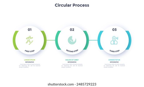 Process chart with three connected paper white circles placed in horizontal row. Concept of 3 stages of startup development. Modern infographic design template. Flat vector illustration for report.