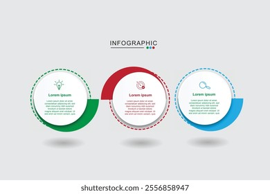 Process chart with three connected paper white circles placed in horizontal row. Concept of 3 stages of startup development. Modern infographic design template. Flat vector illustration for report.