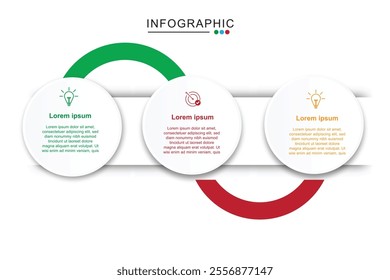 Process chart with three connected paper white circles placed in horizontal row. Concept of 3 stages of startup development. Modern infographic design