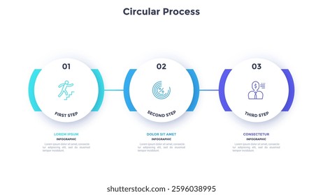 Process chart with three connected paper white circles placed in horizontal row. Concept of 3 stages of startup development. Modern infographic design template. Flat vector illustration for report.
