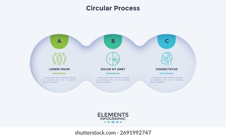 Process chart with three connected paper white circles placed in horizontal row. Concept of 3 stages of startup development. Modern infographic design template. Flat vector illustration for report.