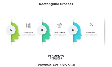 Process chart with three human heads placed in horizontal row. Concept of 3 successive stages of business thinking. Simple infographic design template. Modern vector illustration for presentation.