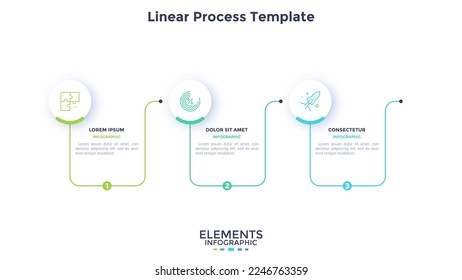 Gráfico de procesos con tres elementos lineales colocados en fila horizontal. Concepto de 3 etapas de desarrollo progresivo de las empresas. Plantilla sencilla de diseño infográfico. Ilustración vectorial plana para banner.