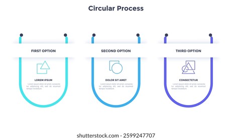 Process chart with three linear elements placed in horizontal row. Concept of 3 stages of business progressive development. Simple infographic design template. Flat vector illustration for banner.