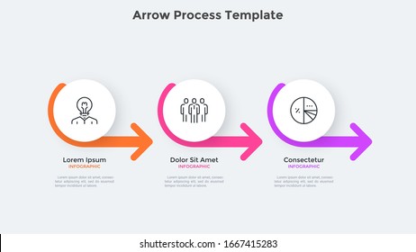 Process chart with three paper white round elements placed in horizontal row and connected by arrows. Concept of 3 steps of business progress. Minimal infographic design template. Vector illustration.