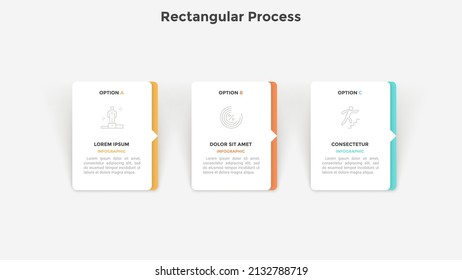 Process chart with three paper white rectangular elements with arrows arranged in horizontal row. Concept of 3 steps to career success. Simple infographic design template. Flat vector illustration.