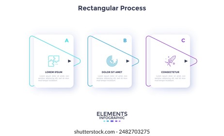 Gráfico de proceso con tres tarjetas blancas de papel colocadas en fila Horizontal y conectadas por punteros de línea fina. Concepto de 3 pasos estratégicos. Plantilla mínima de diseño infográfico. Ilustración vectorial plana.