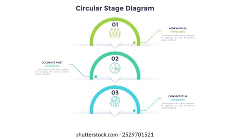 Process chart with three paper white circles placed in horizontal row. Concept of 3 stages of startup development. Modern infographic design template. Flat vector illustration for report.