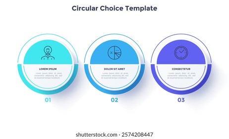 Process chart with three paper white circles placed in horizontal row. Concept of 3 stages of startup development. Modern infographic design template. Flat vector illustration for report.