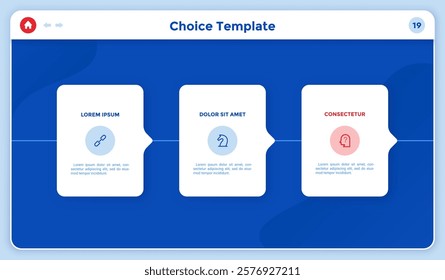 Process chart with three paper white rectangular elements with arrows arranged in horizontal row. Concept of 3 steps of project development. Infographic design template. Flat vector illustration.