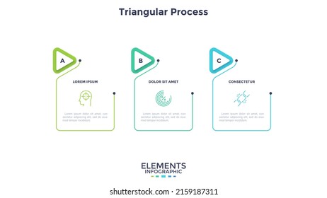 Process chart with three rectangular elements and pointers placed in horizontal row. Concept of 3 stages of project development. Minimal infographic design template. Modern flat vector illustration.