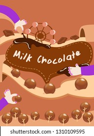 Process of chocolate balls production in fun park background : Vector Illustration