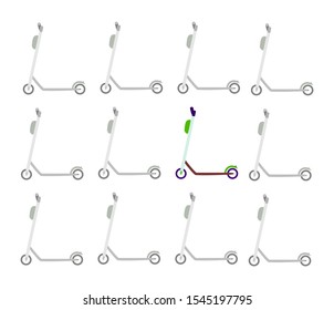 The process of choosing a colored lime electric kick scooter among other gray silhouettes of transport. The concept of choosing an environmentally friendly type of transportation. Vector illustration.