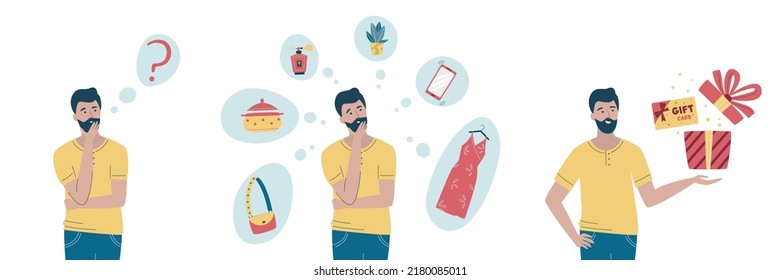 Process of choosing a gift. Young man thinking about present for his lady and deciding to present a gift certificate. What gift to choose concept. Vector illustration