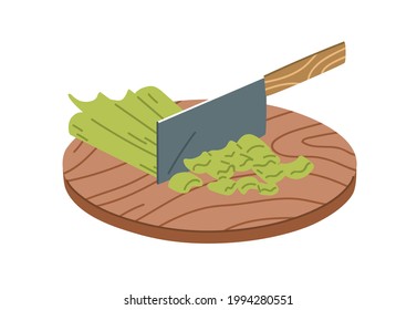 Proceso de corte de apio crudo fresco con cuchillo de helicóptero afilado de metal. Corte de ingrediente vegetal para cocinar en tablero de cocina de madera. Ilustración vectorial plana aislada en fondo blanco