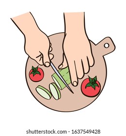 process of chopping vegetables. organic products. color illustration