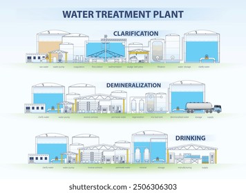 The process of Clarification Water Treatment, Drinking Water Plant and Demineralization Water Treatment