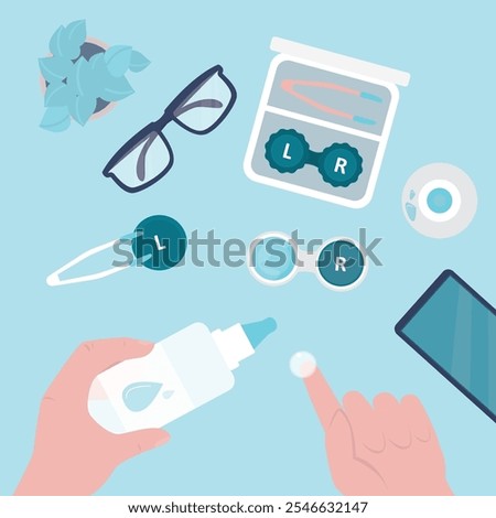 Process of cleaning contact lenses with solution. Contact lens on human finger, items set and glasses on table, top view. Ophthalmology, medical eyecare. Cleaning liquid, tweezers and container.