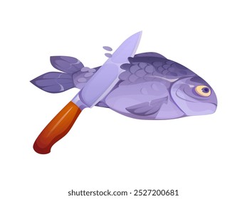 Verfahren zum Reinigen eines Fisches mit einem Messer. Cartoon Vektorbild konzentriert sich auf den Akt der Entzunderung, Hervorhebung kulinarische Vorbereitung und Meeresfrüchte Handling Techniken für das Kochen, Angeln und Küche Themen