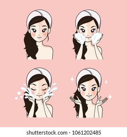 The process of cleansing the face from acne.