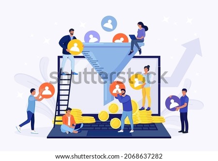 Process of communication, attracting customers, followers, making profit. Sales funnel of leads, prospects on laptop. Business strategy. Monetization tips. Increasing conversion rates SMM strategies