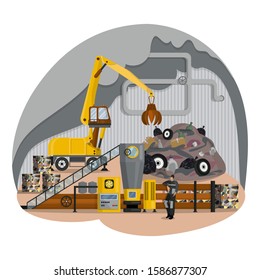 Process of compressing garbage before disposal in production shop. Industrial solid waste press and reloading excavator, manipulator. Special equipment for garbage processing. Flat cartoon vector
