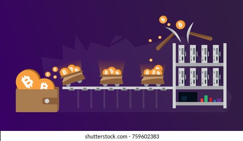 Process of computer mining for cryptocurrency, bitcoin virtual money, with mine elements and wallet with coins. Flat style Vector Illustration.
