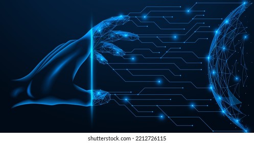 Process Of Connecting To The Global Network. Hand Reaches Out To The Hemisphere. Polygonal Design Of Interconnected Lines And Points. Blue Background.