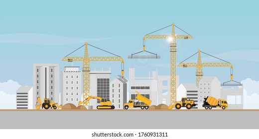 Process of construction of big building dormitory area.Under construction Building work process with construction machines. Vector illustration.