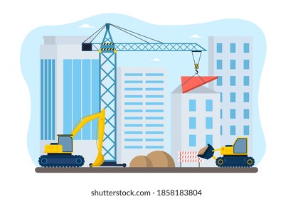 Process of construction in the city. Workers in excavators moving send and crane lifting heavy roof part and putting on house. Flat cartoon vector illustration