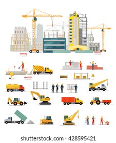 Process of construction of residential houses isolated. Big building dormitory area. Icons of construction machinery, construction workers and engineers design flat style. Vector illustration