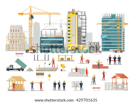 Process of construction of residential houses isolated. Big building dormitory area. Icons of construction machinery, construction workers and engineers design flat style. Vector illustration
