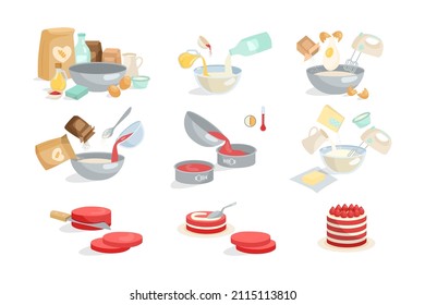 Process of cooking cake or pie cartoon illustration set. Adding ingredients in bowl step by step, mixing eggs, flour, sugar with blender, preparing dough, baking sweet dessert. Preparation concept svg