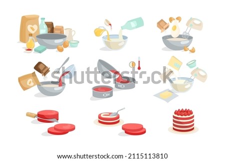 Process of cooking cake or pie cartoon illustration set. Adding ingredients in bowl step by step, mixing eggs, flour, sugar with blender, preparing dough, baking sweet dessert. Preparation concept