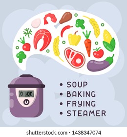 Process of cooking different products in a multicooker. Flat style vector illustration