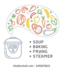 Process of cooking different products in a slow cooker. Linear style vector illustration