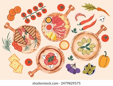 Process of cooking food from above. Ingredient for dishes. Chef. Kitchen. Culinary concept. Master Class. Preparing food. Flat style. Meal. Making pizza, salami, ham. Vegetables. Cutting board. Health