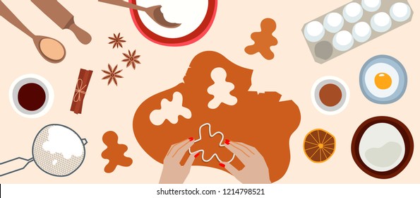 Process Of Cooking Gingerbread. Preparing Ginger Cookies. Top View. Christmas Food. Vector Flat Cartoon Style. Illustration For Banner, Advertising. Cooking Master Class. 